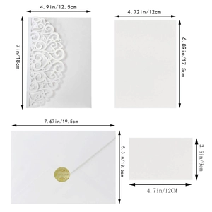 Laser cut wedding invitation set with dimensions for envelope, card and gold seal