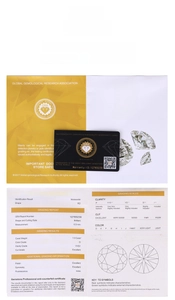 Detailed view of the GRA Moissanite grading certificate and black security warranty card