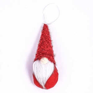 Close-up of a red knitted Christmas gnome ornament with white beard and hanging string