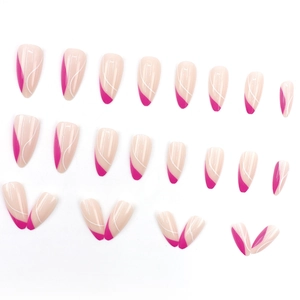 Glossy almond press-on nails with rose red french tips and elegant white wavy lines