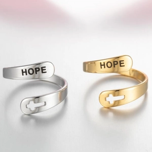 Polished stainless steel double layer rings with Hope engraving and cross design