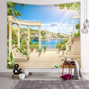 Scenic Mediterranean landscape tapestry with marble columns on white brick wall