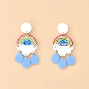 Detailed view of rainbow cloud drop earrings with colorful acrylic layers and blue droplets