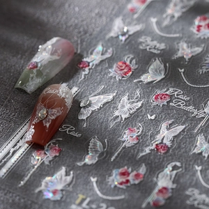 5D embossed Christmas nail stickers with white butterfly and red rose laser designs