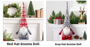 Close-up of red and grey knitted Christmas gnomes with long beards on a festive mantle