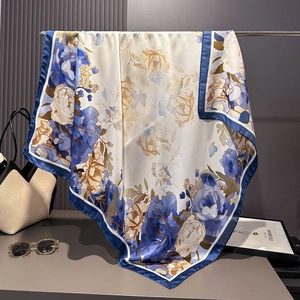 Elegant 90cm satin silk floral square scarf with navy blue and brown vintage patterns