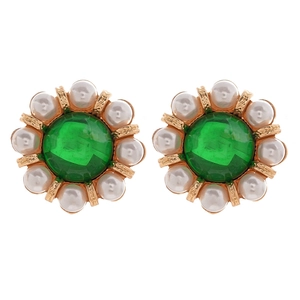 French vintage flower stud earrings with green stone, pearls and gold base