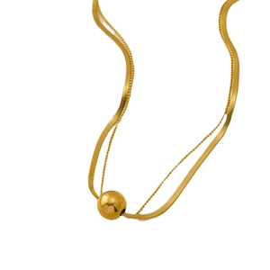 Minimalist double-layer gold ball pendant necklace with flat snake chain and bead chain
