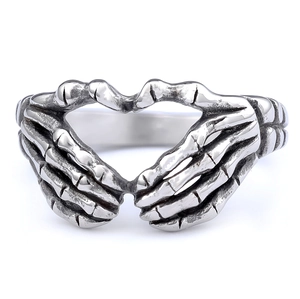 Gothic Skeleton Hands Heart Ring Stainless Steel Vintage Punk Biker Jewelry For Men Women Retro Unique Finger Accessory