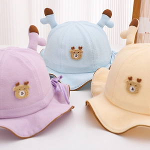 Baby fisherman hat with cute deer horns and bear embroidery in pastel colors