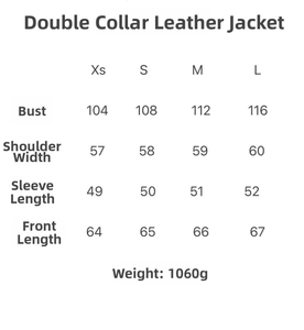 Guide des tailles détaillé pour veste en simili cuir avec mesures de poitrine et épaules
