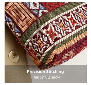 Detail shot of the precise stitching and colorful ethnic woven pattern on the tote bag