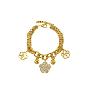 Bracelet double chaîne en acier inoxydable plaqué or 18 carats avec fleurs évidées en strass