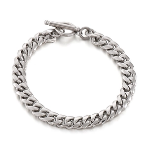 Polished stainless steel Cuban link bracelet with T-bar toggle clasp for men and women