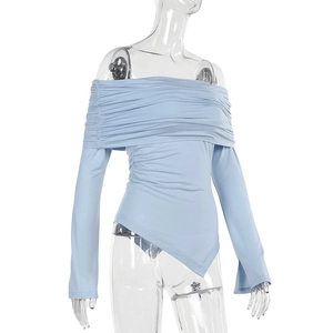 Close-up of light blue off-shoulder bodysuit with elegant ruching and asymmetric hem detail