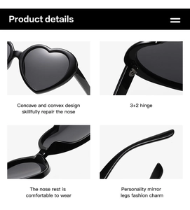 Detail view of heart-shaped sunglasses featuring reinforced 3+2 hinges and comfort nose pads