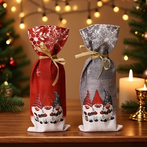 Christmas Wine Bottle Cover Faux Linen Gnome Snowflake Print Gift Bag With Gold Ribbon For Party Table Decoration