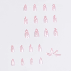 Pink almond press-on nails with white wave patterns in a minimalist 24-piece set
