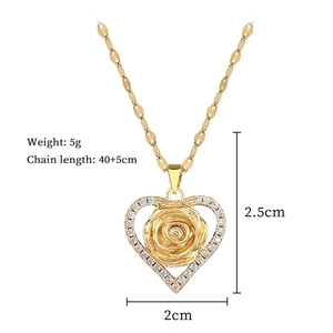 Detailed dimensions of gold heart and rose zircon necklace with chain length and weight