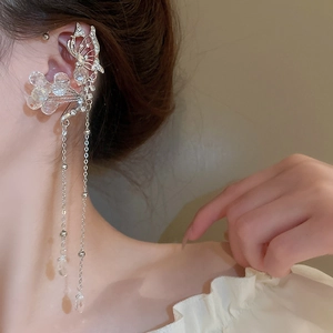 Elegant butterfly ear cuff with crystal tassels and silver metal finish for women