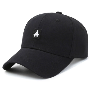 Classic black cotton baseball cap with embroidered letter A patch, 45-degree angle view