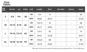Detailed size guide table for off-shoulder cinched waist dress showing measurements in CM and INCH