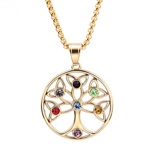Golden Viking Tree of Life pendant with colorful crystals on stainless steel chain