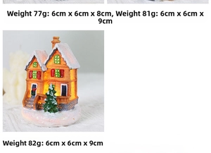 Macro detail of hand-painted resin Christmas houses with size and weight specifications