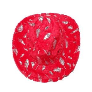 Close-up of red plush bucket hat featuring shiny silver feather pattern print details