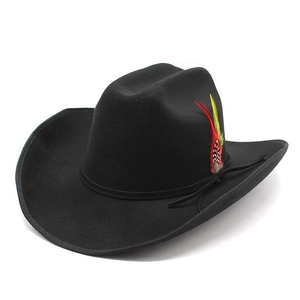 Detailed view of a black wool felt western cowboy hat with a colorful feather accent