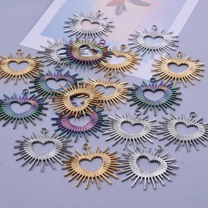 304 stainless steel heart sunburst charms in gold, silver, and rainbow plating