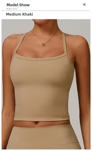 Close-up of khaki brushed yoga tank top with thin straps and supportive fit