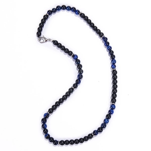Detail of 6mm matte map stone beads and blue cat's eye necklace with silver lobster clasp