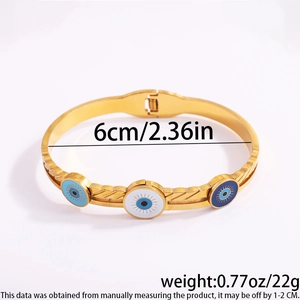 Detailed view of gold plated evil eye stainless steel bangle with dimensions and weight