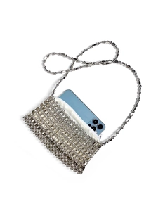 Detail of silver sequin beaded phone bag with metallic mesh and slim chain strap
