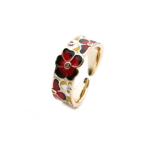 Vergoldeter verstellbarer Ring mit bunten Emaille-Blumen und schimmernden Kristalldetails
