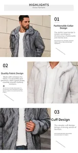 Detail view of stylish men's faux fur coat highlighting large lapel and plush texture