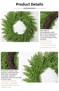Detail of faux pine needles and natural rattan base on a green Christmas wreath