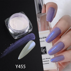 Macro detail of Y455 aurora nail powder showing purple pearlescent effect on nails