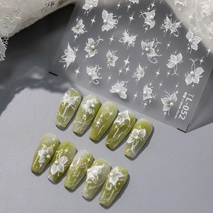 5D Embossed Nail Art Stickers White Butterfly Flower Star Patterns With Faux Artificial Pearls Self Adhesive Manicure Decals DIY