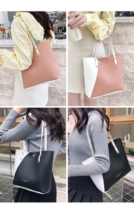 Litchi texture tote bag with color block design shown in multiple street style views