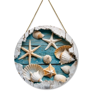 Mediterranean wall hanging featuring ocean shells and starfish on blue wood pattern
