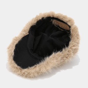 Winter thermal baseball cap with faux fox fur lining and thick windproof black fabric