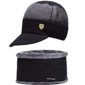 Knitted Visor Beanie Hat And Fleece Lined Neck Warmer Thick Winter Thermal Outdoor Sport Ribbed Acrylic