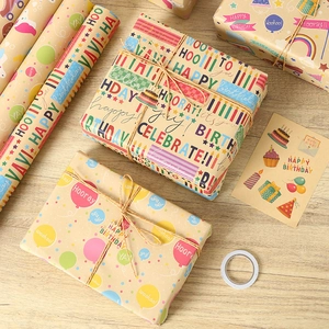 Happy Birthday Gift Wrapping Paper Colorful Cartoon Patterns Kraft Paper For Party Celebration Decorative Wrap Hooray Celebrate
