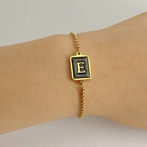 Stainless Steel Initial Bracelet 18K Gold Plated Square Black Enamel Pendant Adjustable Box Chain Minimalist Jewelry
