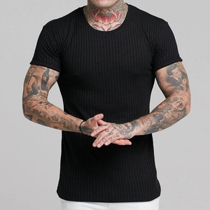 Close-up of black short sleeve slim fit T-shirt showing vertical stripe ribbed texture