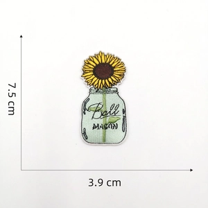 Detail view showing dimensions of a Mason jar sunflower embroidery patch at 7.5cm by 3.9cm