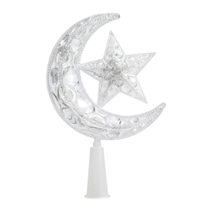 Star and moon Christmas tree topper with white base in clear plastic design