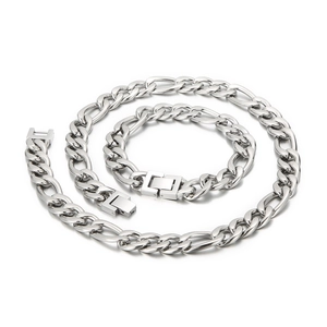 Polished silver stainless steel Cuban link necklace and bracelet set with secure jewelry clasp
